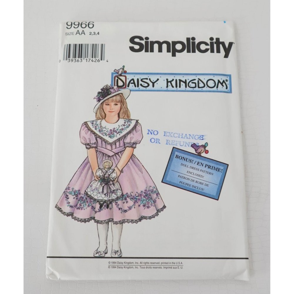 SIMPLICITY 9966 "Daisy Kingdom" Girls & Dolls Heirloom Dress UNCUT Size 2 3 4